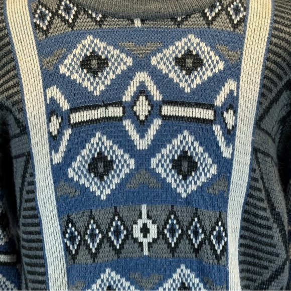 VINTAGE 80s funky quirky geometric knit sweater mens navy blue Diamond argyle - Picture 6 of 10